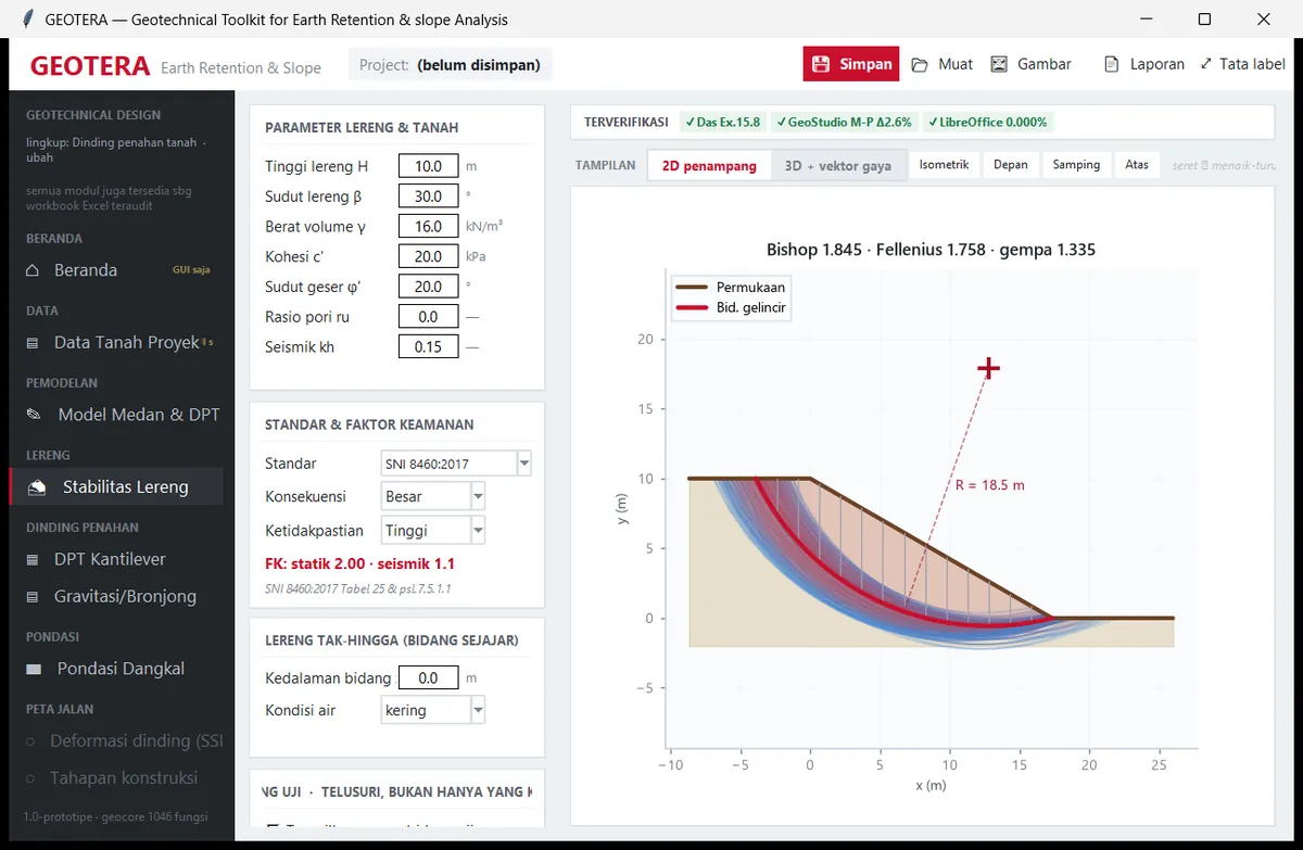GEOTERA slope stability page with the critical slip surface and factor of safety values