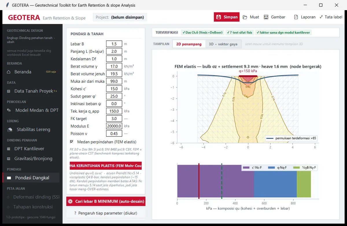 GEOTERA shallow foundation page showing bearing capacity and the plastic finite element mesh