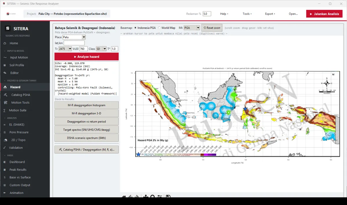 SITERA Seismic Hazard tab with the PuSGeN 2024 bedrock PGA basemap and M-R deaggregation output